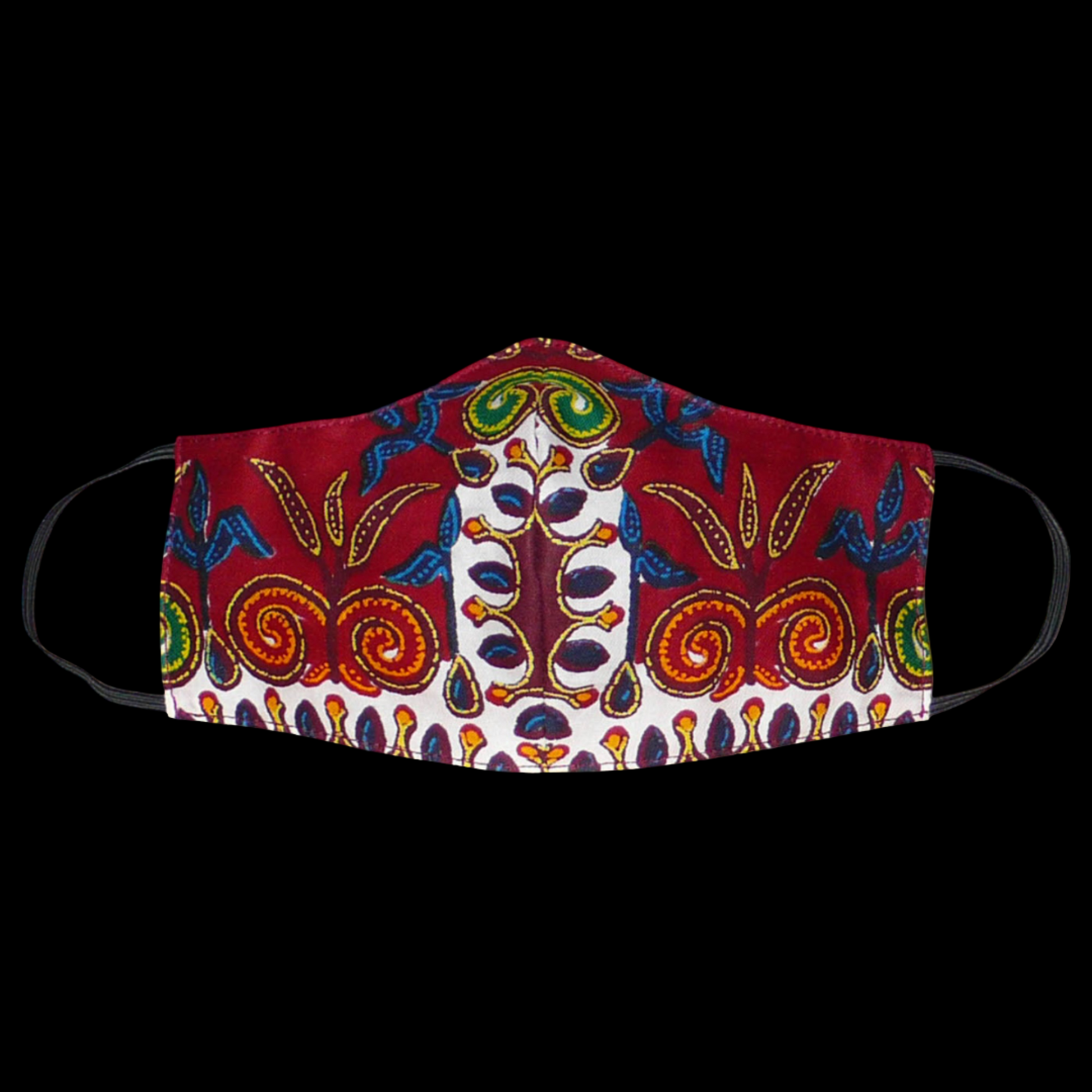 Masque facial textile à la coupe ajustée, cousu dans un superbe tissu africain en coton bordeaux imprimé de motifs exotiques floraux multicolores ; il se porte avec des élastiques.