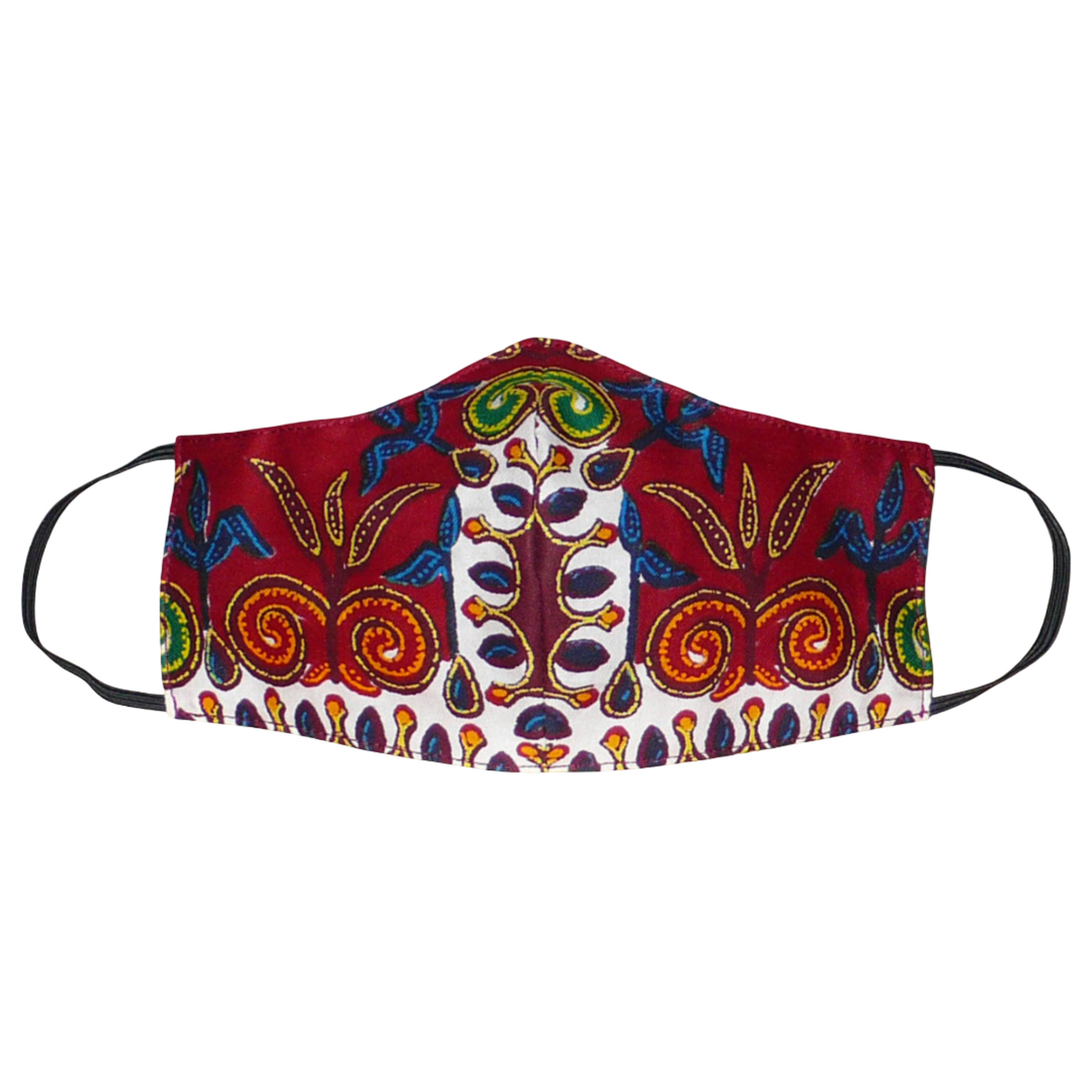 Masque facial textile à la coupe ajustée, cousu dans un superbe tissu africain en coton bordeaux imprimé de motifs exotiques floraux multicolores ; il se porte avec des élastiques.