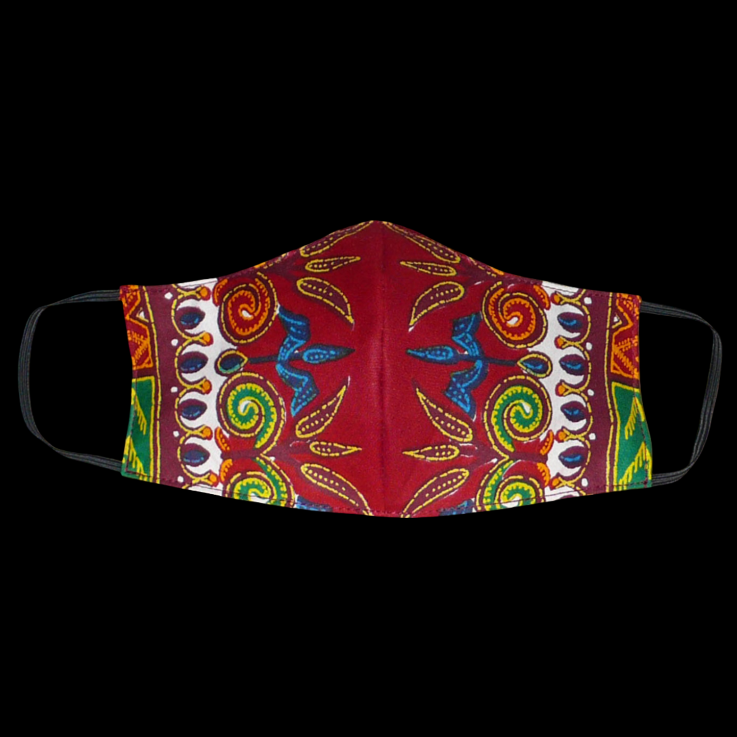 Masque facial textile, coupé et cousu dans un sublime tissu africain de couleur bordeaux imprimé de magnifiques motifs exotiques floraux multicolores ; il se porte avec des élastiques. Conçu dans l'optique d'un usage éco-responsable, ce masque est lavable et réutilisable. Il mesure 21 cm de long, et 40 cm en comptant les élastiques, sa hauteur est de 12 cm (du haut du nez jusqu'au menton) et sa largeur sur les côtés de 7 cm.