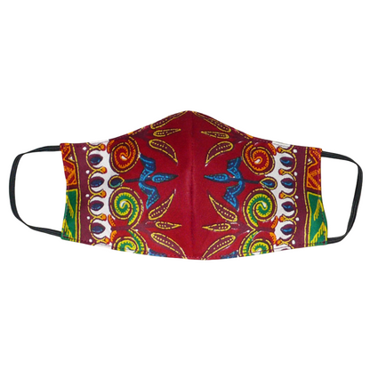 Masque facial textile, coupé et cousu dans un sublime tissu africain de couleur bordeaux imprimé de magnifiques motifs exotiques floraux multicolores ; il se porte avec des élastiques. Conçu dans l'optique d'un usage éco-responsable, ce masque est lavable et réutilisable. Il mesure 21 cm de long, et 40 cm en comptant les élastiques, sa hauteur est de 12 cm (du haut du nez jusqu'au menton) et sa largeur sur les côtés de 7 cm.