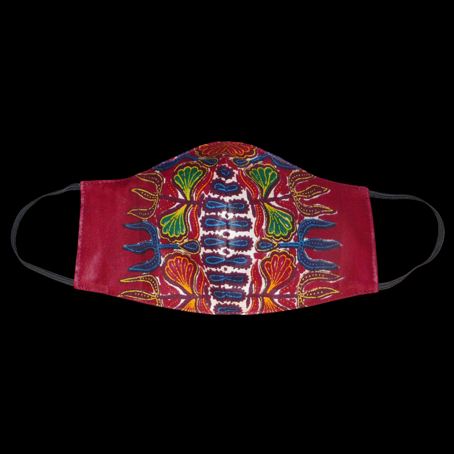 Masque facial en tissu africain bordeaux imprimé de motifs floraux à porter avec des élastiques. En vue d'une utilisation eco-responsable, il est lavable et réutilisable.