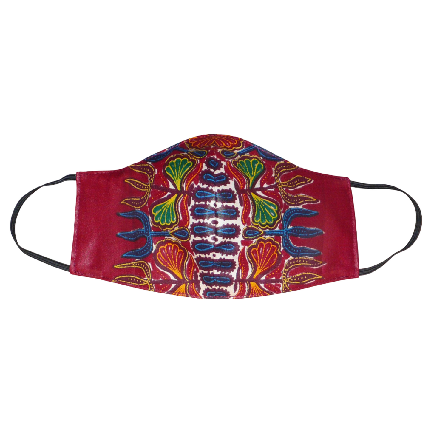 Masque facial en tissu africain bordeaux imprimé de motifs floraux à porter avec des élastiques. En vue d'une utilisation eco-responsable, il est lavable et réutilisable.