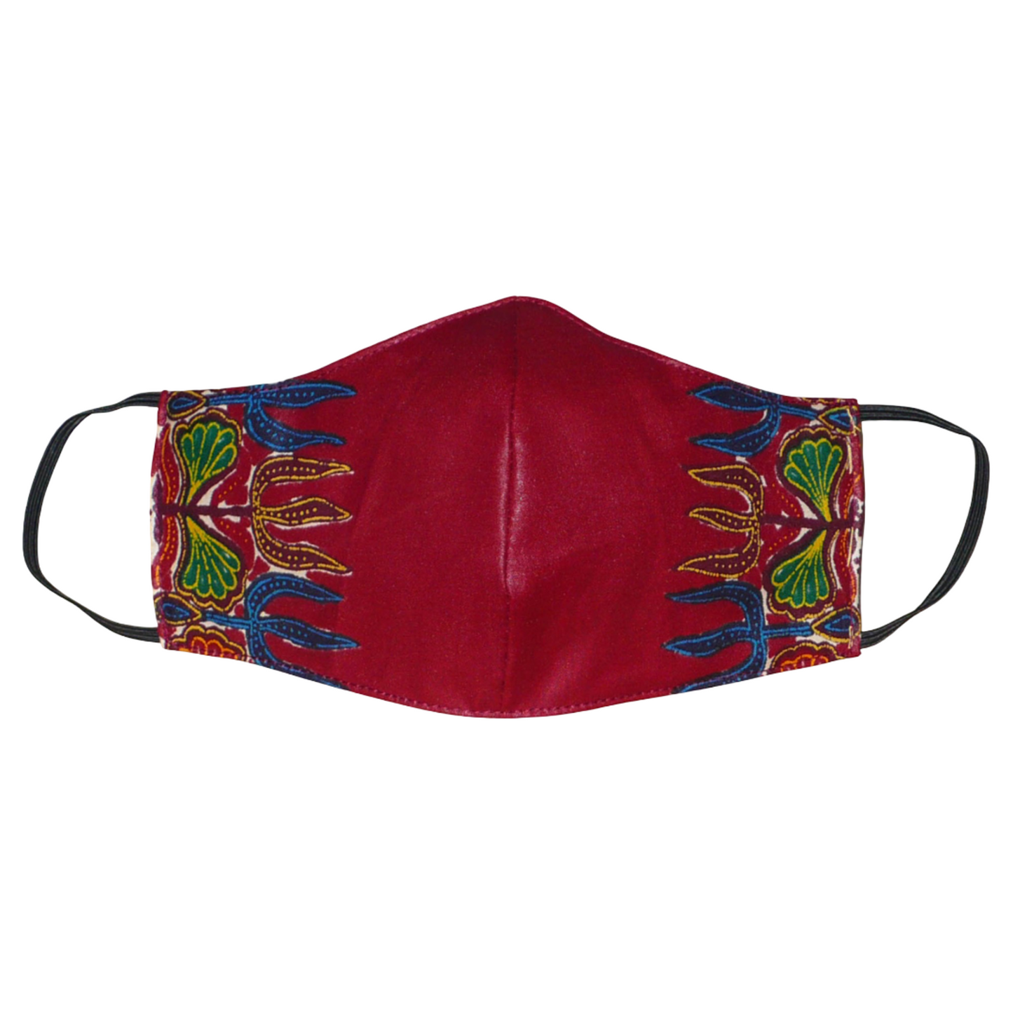 Masque facial en tissu africain bordeaux imprimé de motifs floraux multicolores, à porter avec des élastiques. Conçu dans une optique eco-responsable, il est lavable et réutilisable.