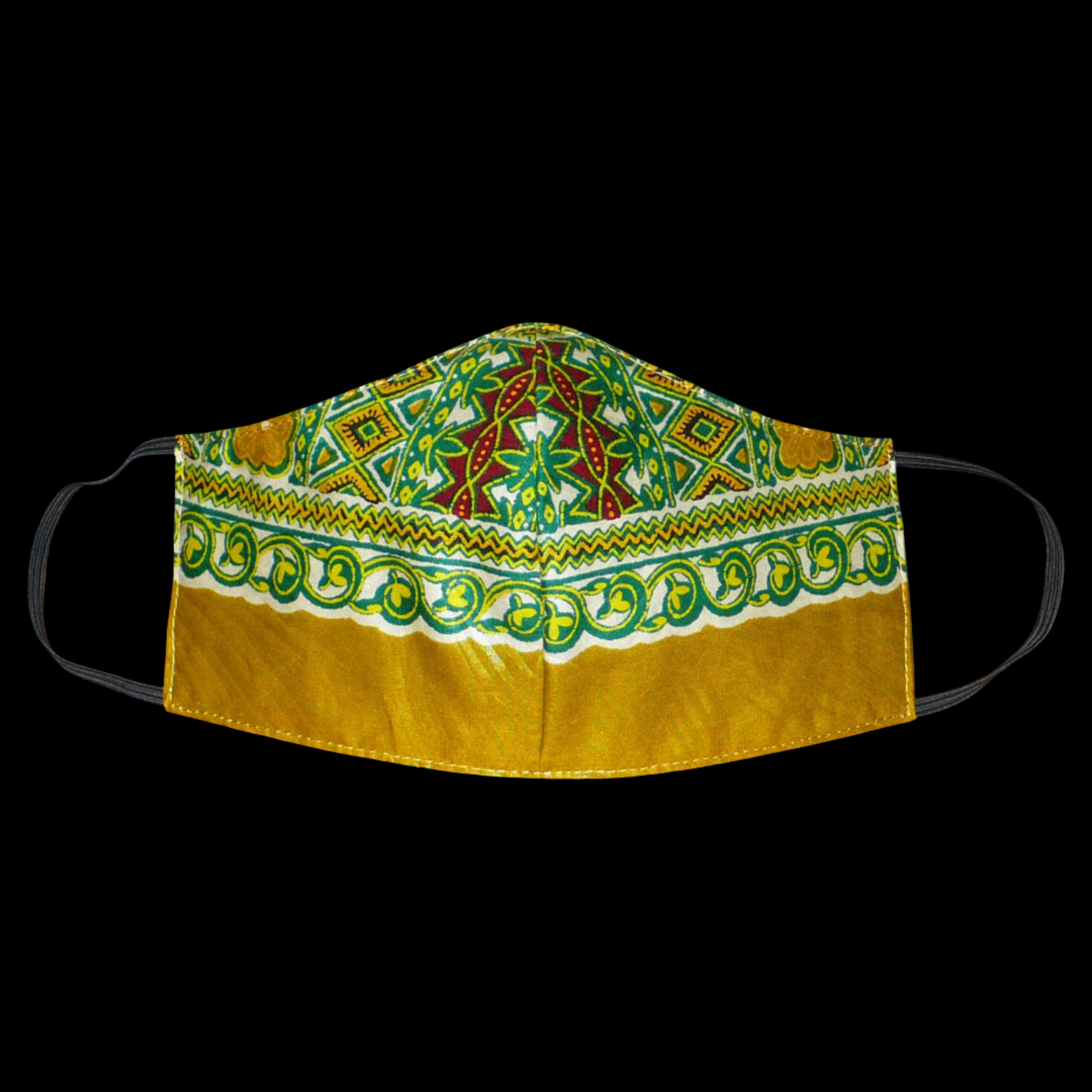 Masque facial textile ajusté en tissu africain imprimé de motifs ethniques multicolores, à porter avec des élastiques. Conçu en vue d'une utilisation eco-friendly, ce masque est lavable et réutilisable. Il mesure 21 cm de long, et 40 cm en comptant les élastiques, avec une hauteur de 12 cm (du haut du nez jusqu'au menton) et une largeur sur les côtés de 7 cm. 
