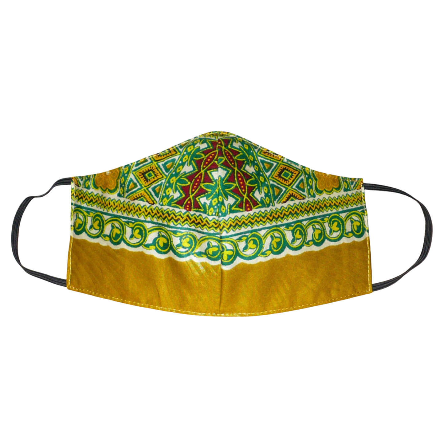 Masque facial textile ajusté en tissu africain imprimé de motifs ethniques multicolores, à porter avec des élastiques. Conçu en vue d'une utilisation eco-friendly, ce masque est lavable et réutilisable. Il mesure 21 cm de long, et 40 cm en comptant les élastiques, avec une hauteur de 12 cm (du haut du nez jusqu'au menton) et une largeur sur les côtés de 7 cm. 