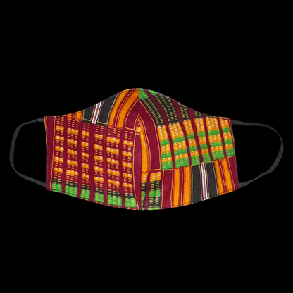Masque facial textile pour homme en tissu africain imprimé de motifs ghanéens Kente ; il se porte avec des élastiques. En vue d'une utilisation eco-responsable, ce masque est lavable et réutilisable.
