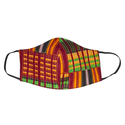 Masque facial textile pour homme en tissu africain imprimé de motifs ghanéens Kente ; il se porte avec des élastiques. En vue d'une utilisation eco-responsable, ce masque est lavable et réutilisable.