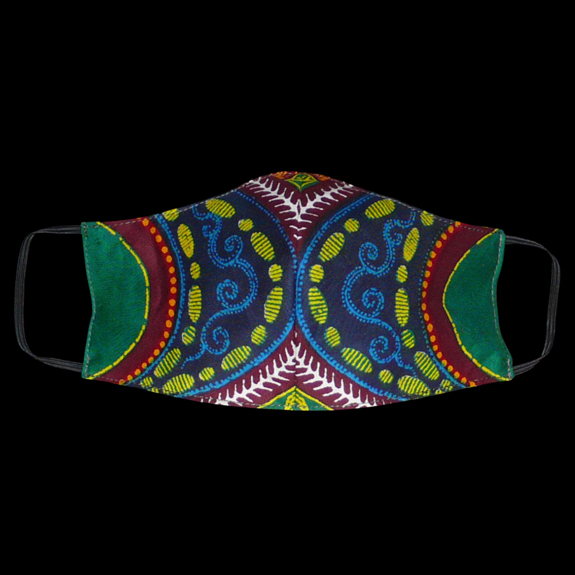 Masque textile pour homme à la coupe ajustée, cousu dans un beau tissu africain en coton imprimé de motifs tribaux ; il se porte avec des élastiques. En vue d'une utilisation  éco-responsable, ce masque est lavable et réutilisable. Il mesure 21 cm de long, et 40 cm en comptant les élastiques, sa hauteur est de 12 cm (du haut du nez jusqu'au menton) et sa largeur sur les côtés de 7 cm.