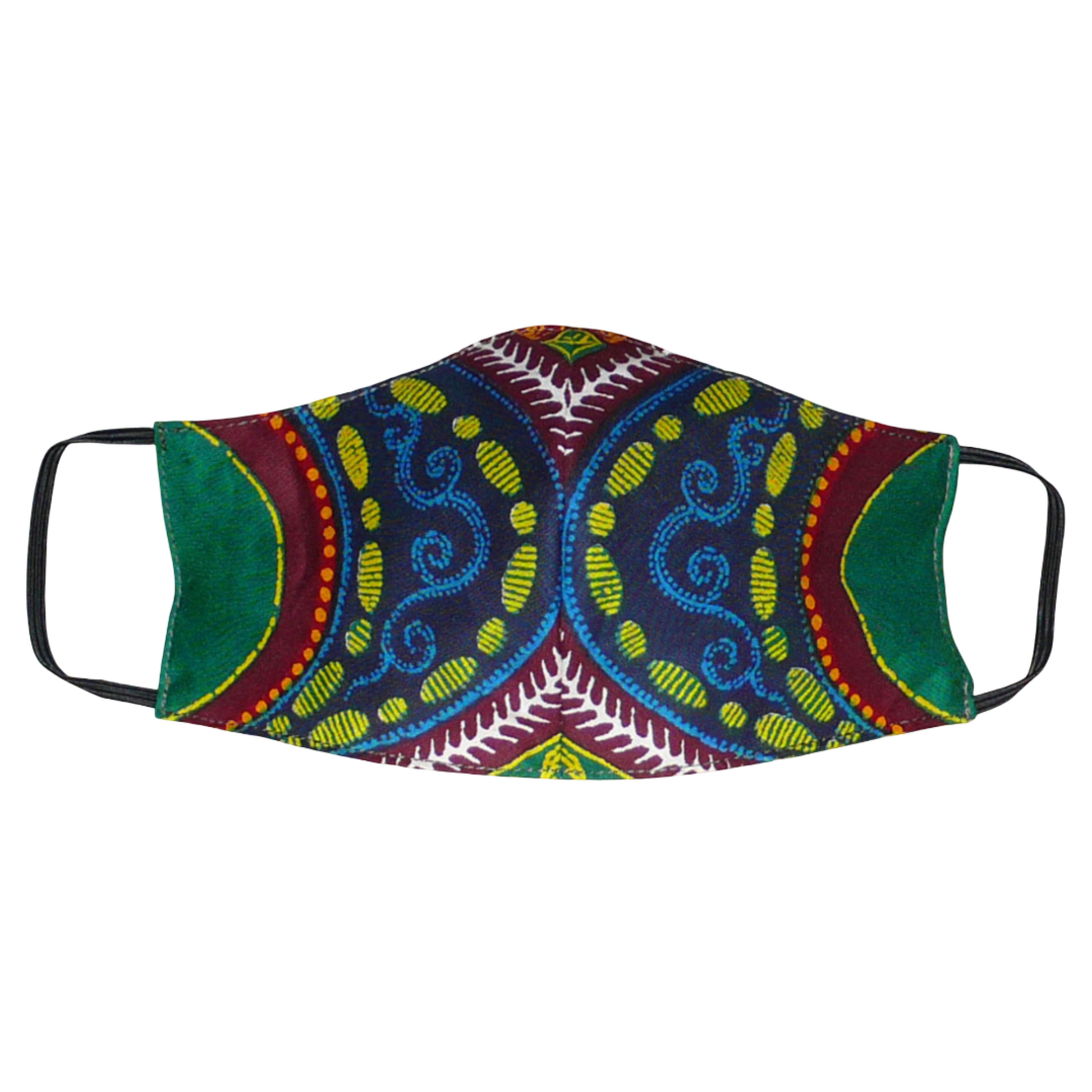 Masque textile pour homme à la coupe ajustée, cousu dans un beau tissu africain en coton imprimé de motifs tribaux ; il se porte avec des élastiques. En vue d'une utilisation  éco-responsable, ce masque est lavable et réutilisable. Il mesure 21 cm de long, et 40 cm en comptant les élastiques, sa hauteur est de 12 cm (du haut du nez jusqu'au menton) et sa largeur sur les côtés de 7 cm.