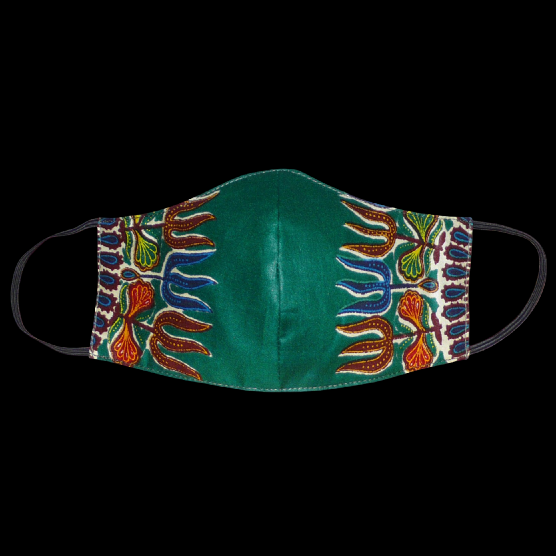 Masque facial en tissu africain vert foncé imprimé de motifs exotiques floraux, à porter avec des élastiques. Conçu dans une démarche eco-responsable, il est lavable et réutilisable.