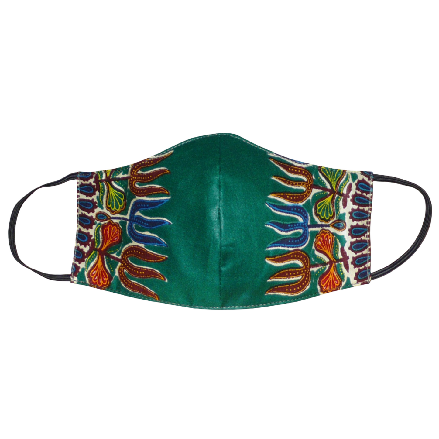 Masque facial en tissu africain vert foncé imprimé de motifs exotiques floraux, à porter avec des élastiques. Conçu dans une démarche eco-responsable, il est lavable et réutilisable.