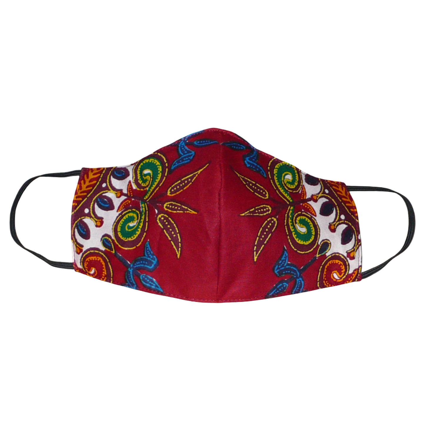 Masque facial en tissu africain bordeaux imprimé de motifs exotiques floraux multicolores ; il se porte avec des élastiques. En vue d'un usage eco-responsable, ce masque est lavable et réutilisable.