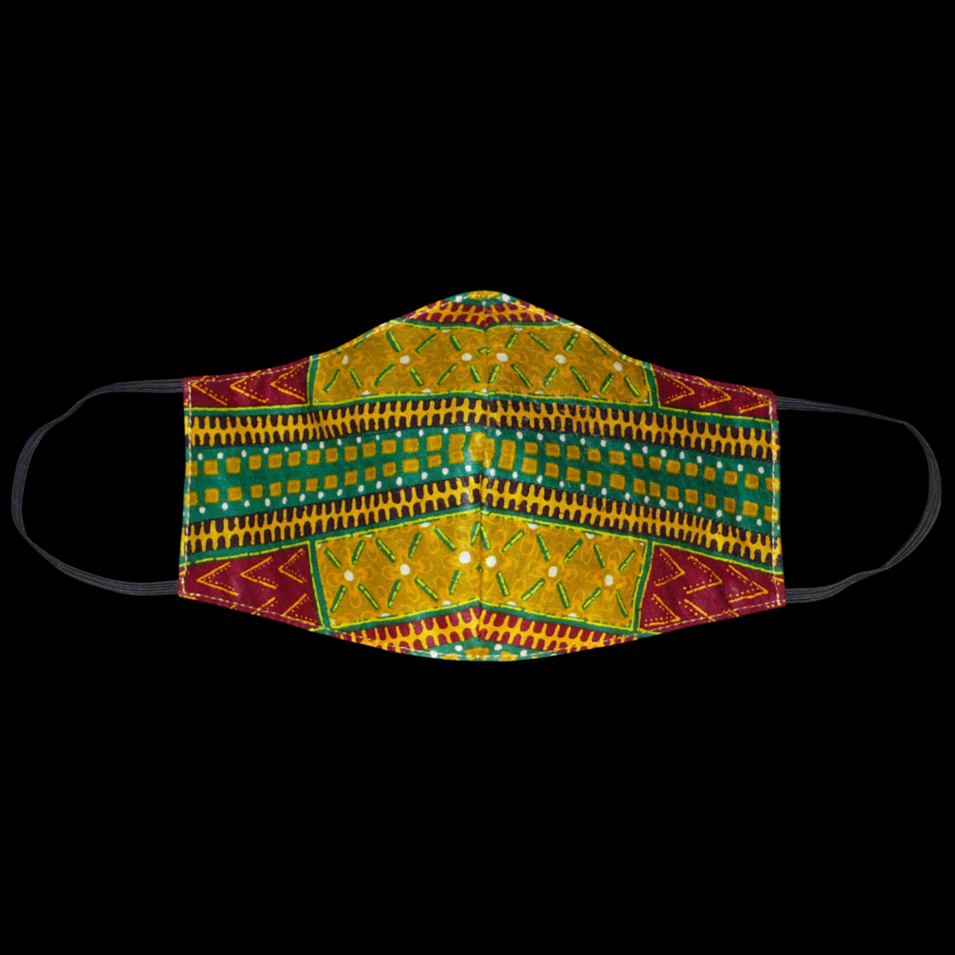 Masque facial  textile coupé et cousu dans un beau tissu africain en coton imprimé de motifs ethniques. Lavable et réutilisable, il se porte avec des élastiques.