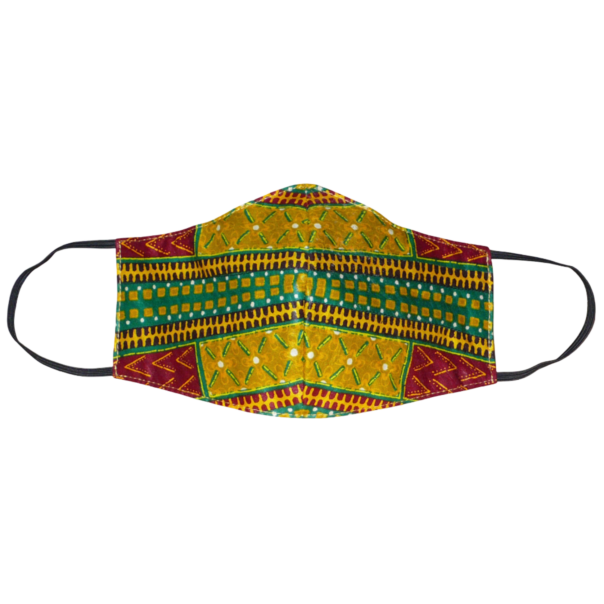 Masque facial  textile coupé et cousu dans un beau tissu africain en coton imprimé de motifs ethniques. Lavable et réutilisable, il se porte avec des élastiques.