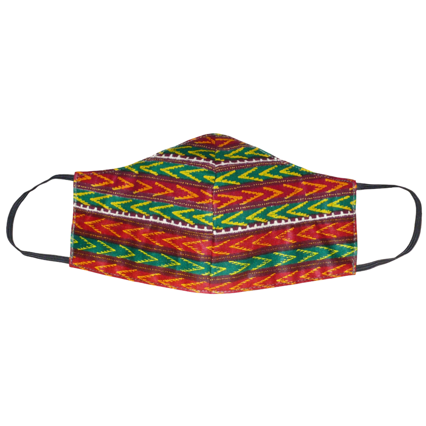 Masque facial textile ajusté composé de bandelettes de tissu africain imprimé de motifs ethniques multicolores ; il se porte avec des élastiques. En vue d'une utilisation éco-responsable, ce masque est lavable et réutilisable. Il mesure 21 cm de long, et 40 cm en comptant les élastiques, sa hauteur est de 12 cm (du haut du nez jusqu'au menton) et sa largeur sur les côtés de 7 cm.  