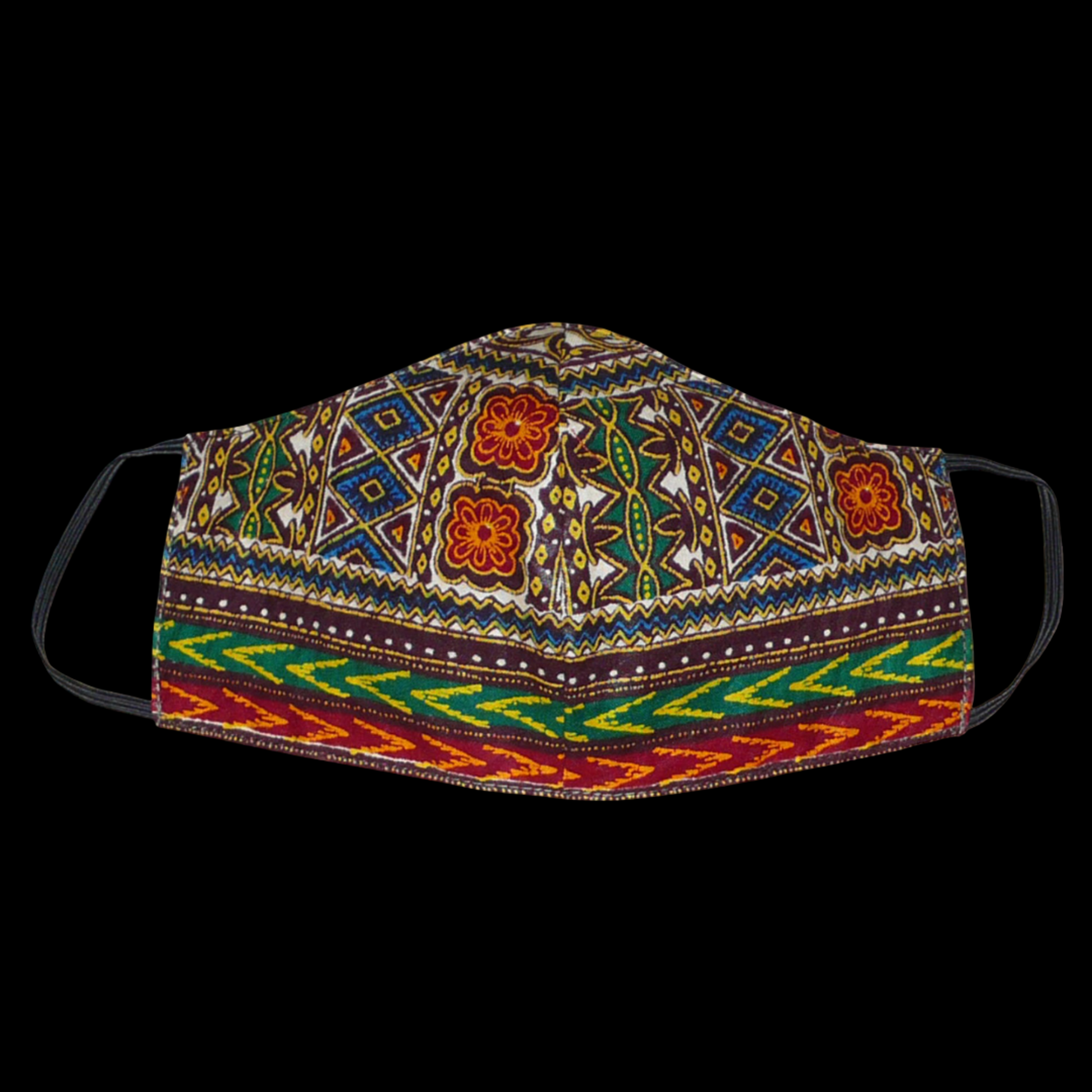 Masque facial en tissu africain multicolore imprimé de motifs ethniques, à porter avec des élastiques. En vue d'une utilisation eco-responsable, ce masque est lavable et réutilisable.