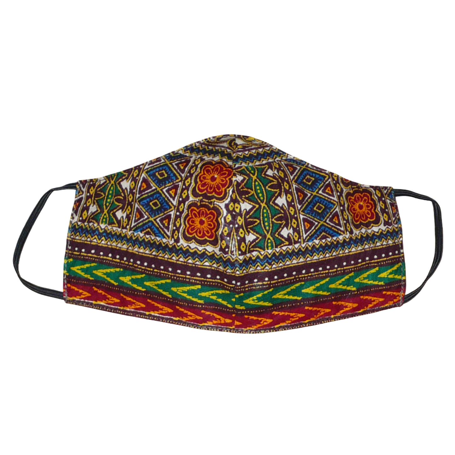 Masque facial en tissu africain multicolore imprimé de motifs ethniques, à porter avec des élastiques. En vue d'une utilisation eco-responsable, ce masque est lavable et réutilisable.