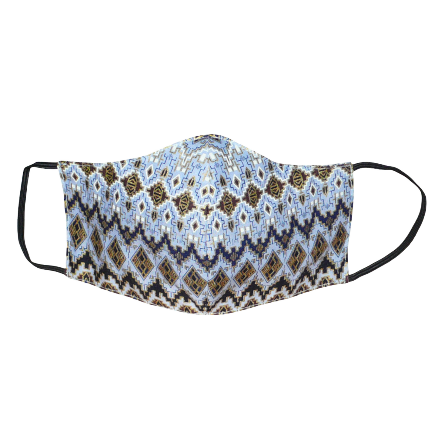 Masque facial textile à la coupe ajustée, cousu dans un tissu en coton bleu ciel à motifs ethniques bleu marine, blancs, marron et dorés ; il se porte avec des élastiques.