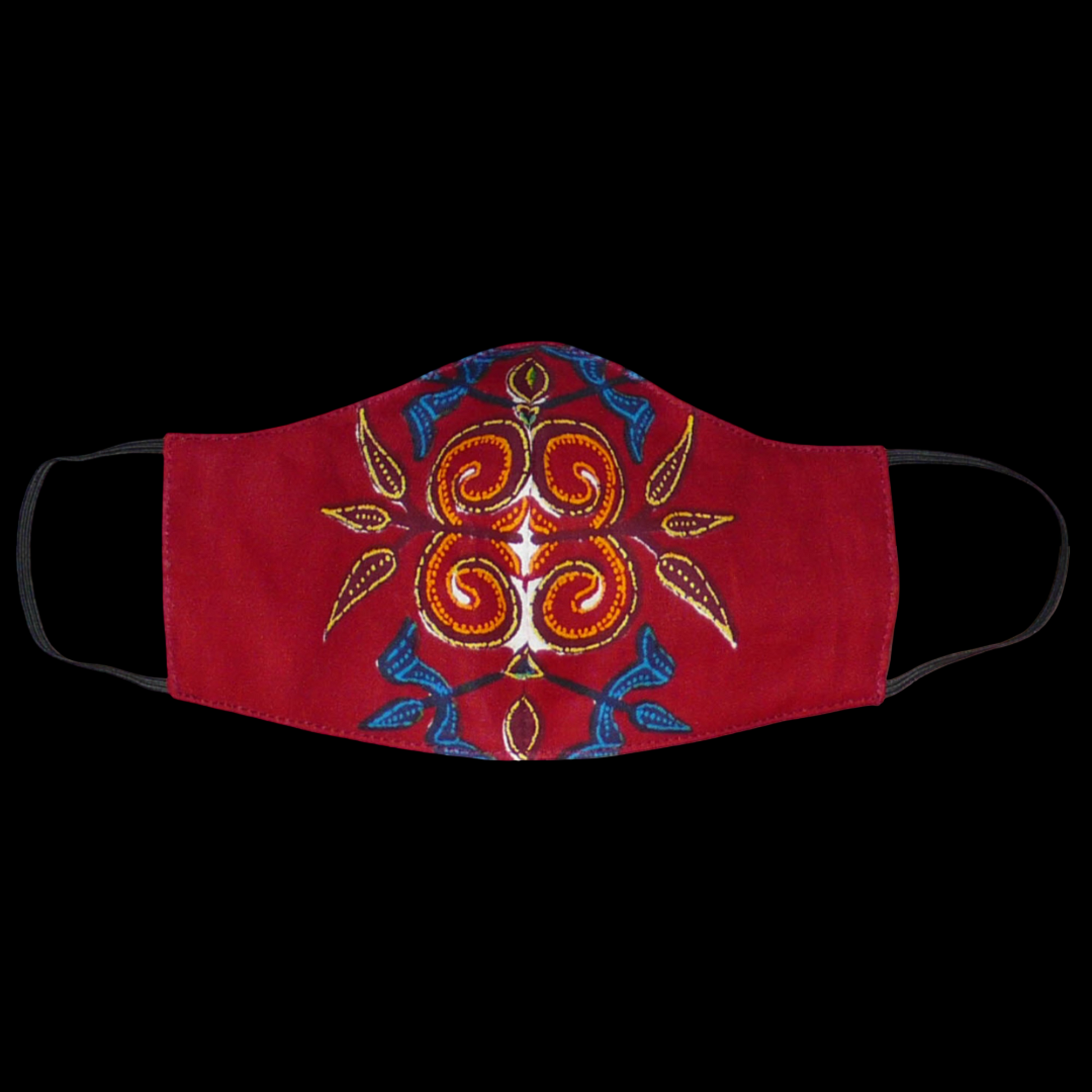Masque facial en tissu africain en coton bordeaux imprimé de motifs floraux multicolores, à porter avec des élastiques.