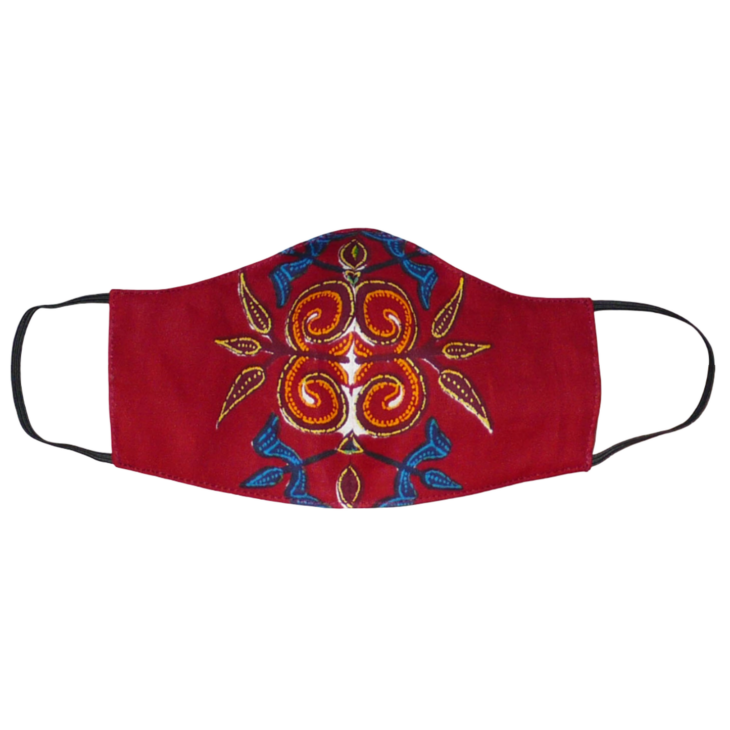 Masque facial en tissu africain en coton bordeaux imprimé de motifs floraux multicolores, à porter avec des élastiques.
