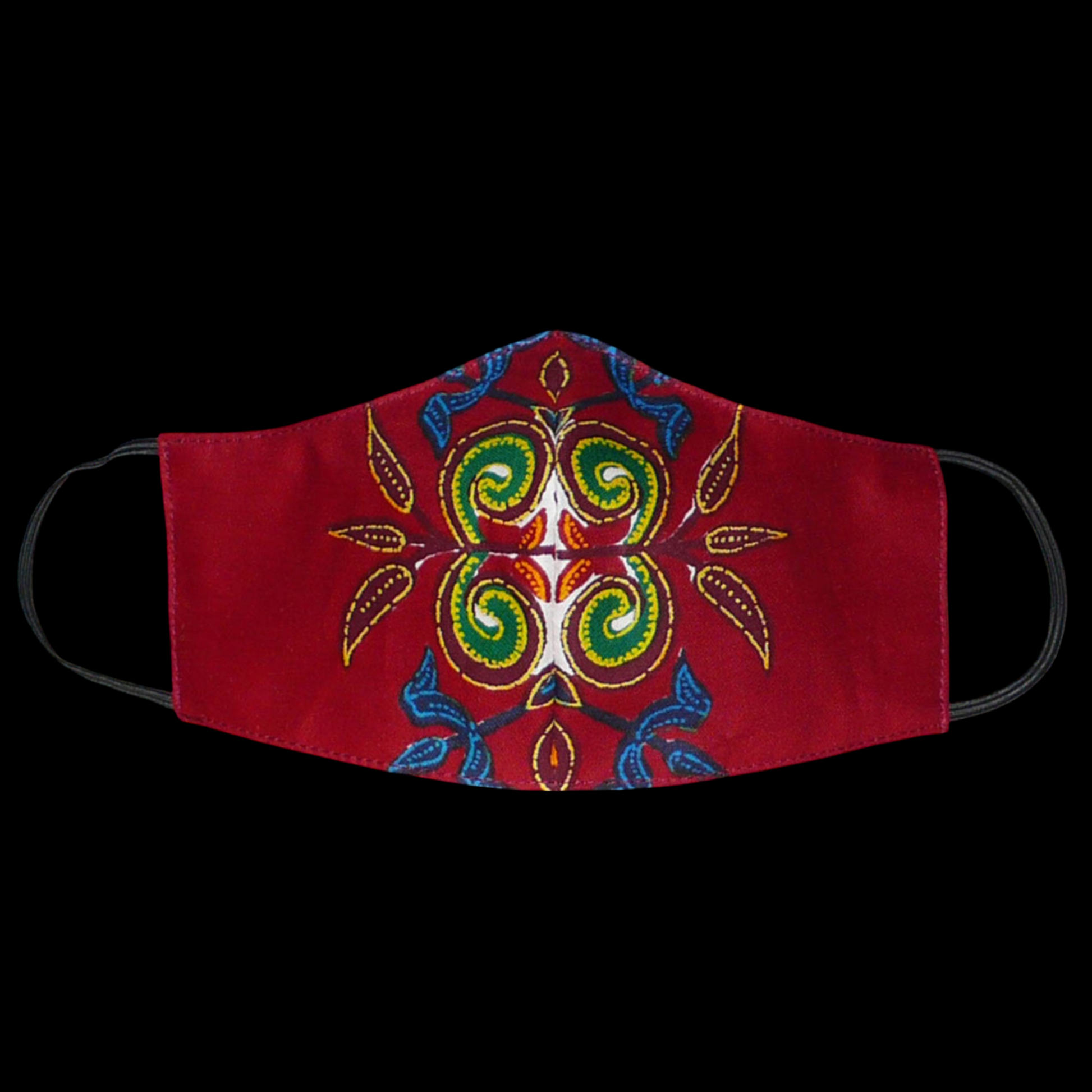 Masque en tissu africain bordeaux imprimé de motifs exotiques floraux multicolores, à porter avec des élastiques. Conçu dans l'optique d'une utilisation éco-responsable, ce masque est lavable et réutilisable.
