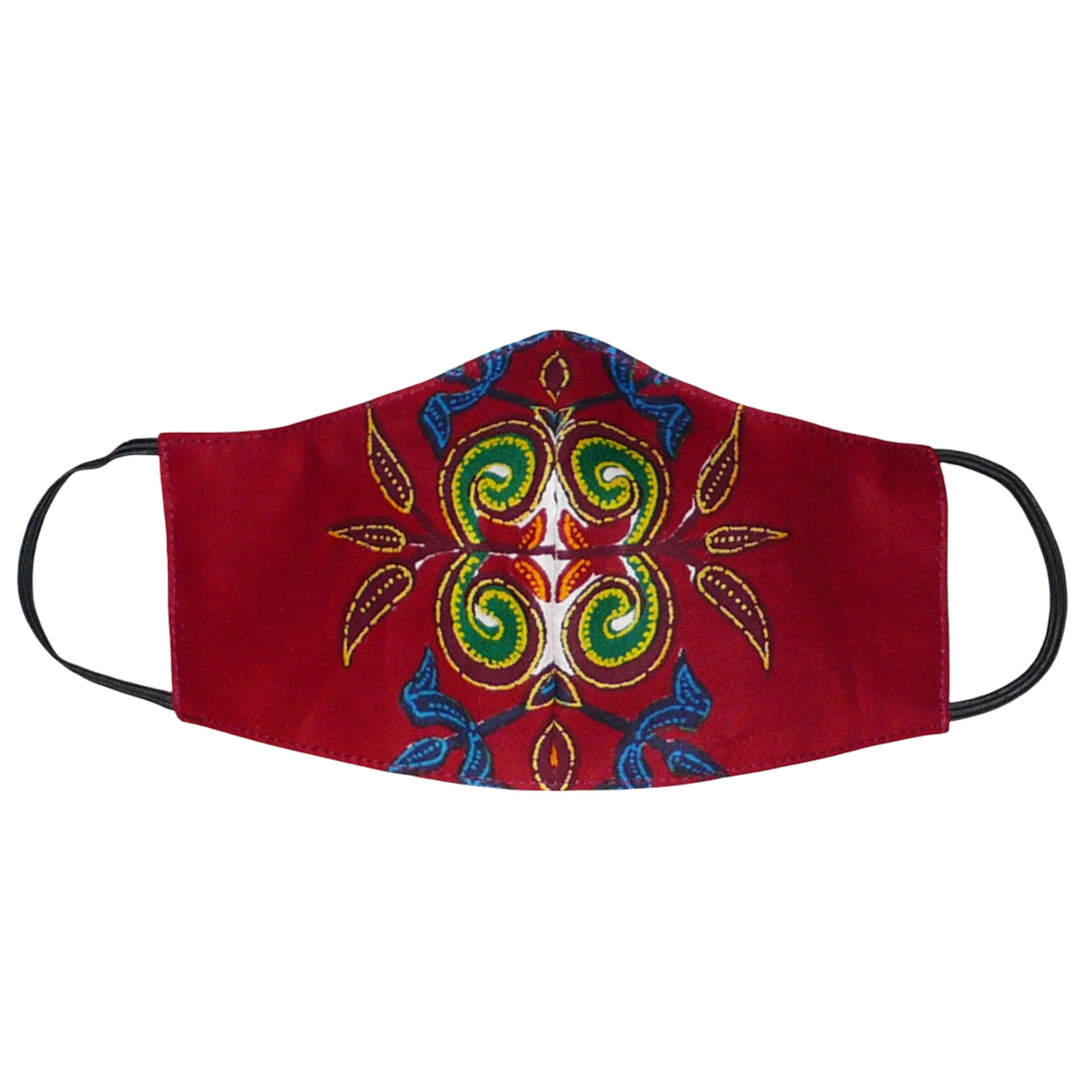 Masque en tissu africain bordeaux imprimé de motifs exotiques floraux multicolores, à porter avec des élastiques. Conçu dans l'optique d'une utilisation éco-responsable, ce masque est lavable et réutilisable.