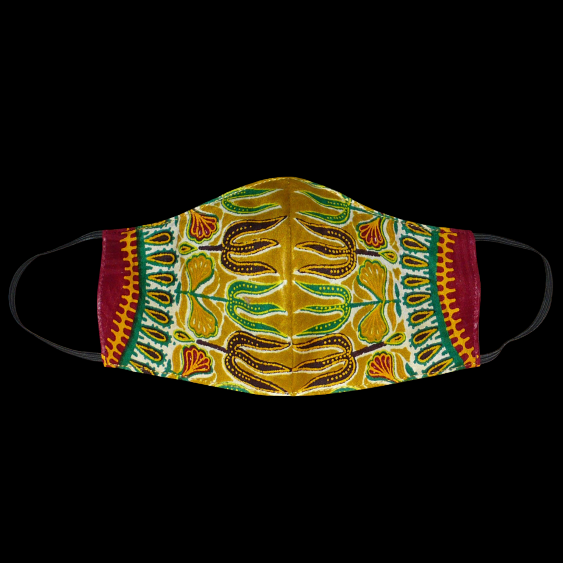 Beau masque facial en tissu africain couleur moutarde imprimé de motifs ethniques multicolores à porter avec des élastiques.