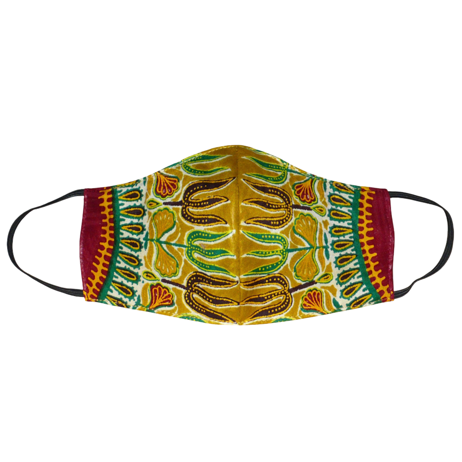 Beau masque facial en tissu africain couleur moutarde imprimé de motifs ethniques multicolores à porter avec des élastiques.