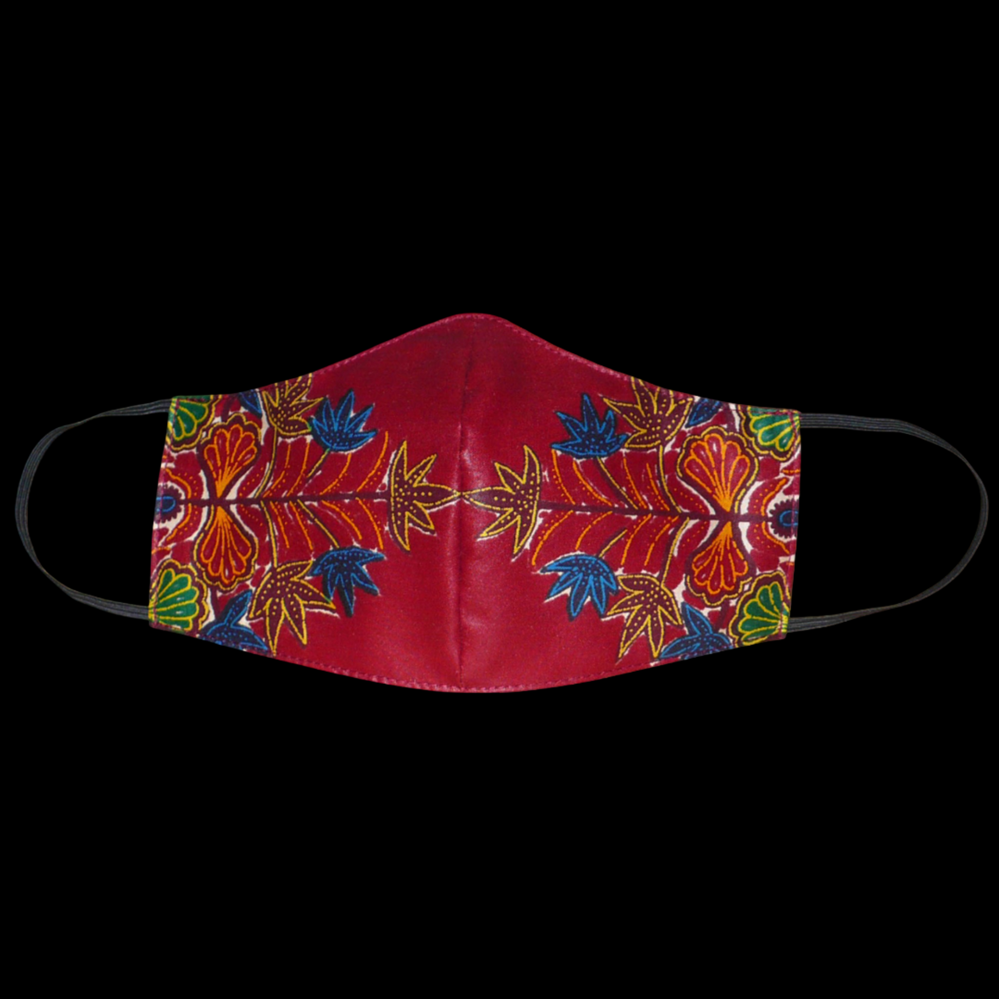 Masque facial textile coupé et cousu dans un tissu africain en coton bordeaux à motifs floraux multicolores ; il se porte avec des élastiques. Conçu dans une démarche éco-responsable, ce masque est lavable et réutilisable.