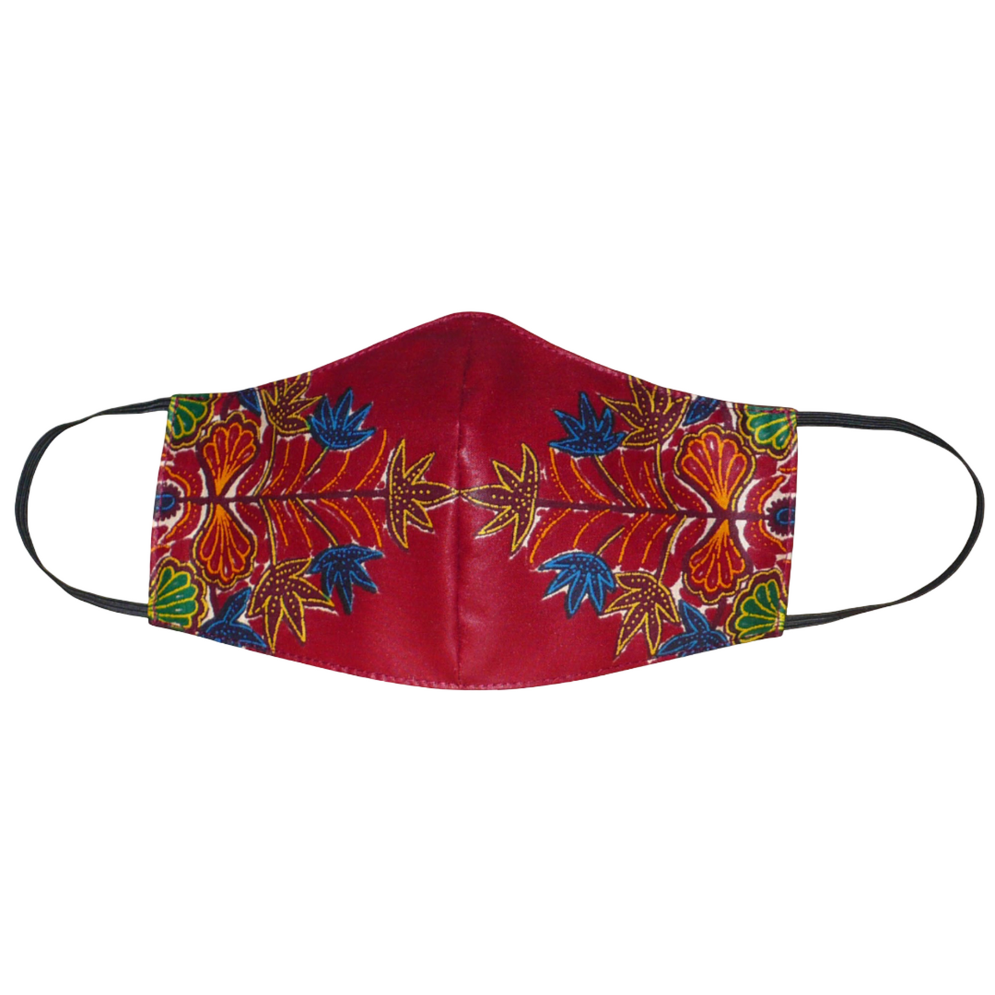 Masque facial textile coupé et cousu dans un tissu africain en coton bordeaux à motifs floraux multicolores ; il se porte avec des élastiques. Conçu dans une démarche éco-responsable, ce masque est lavable et réutilisable.