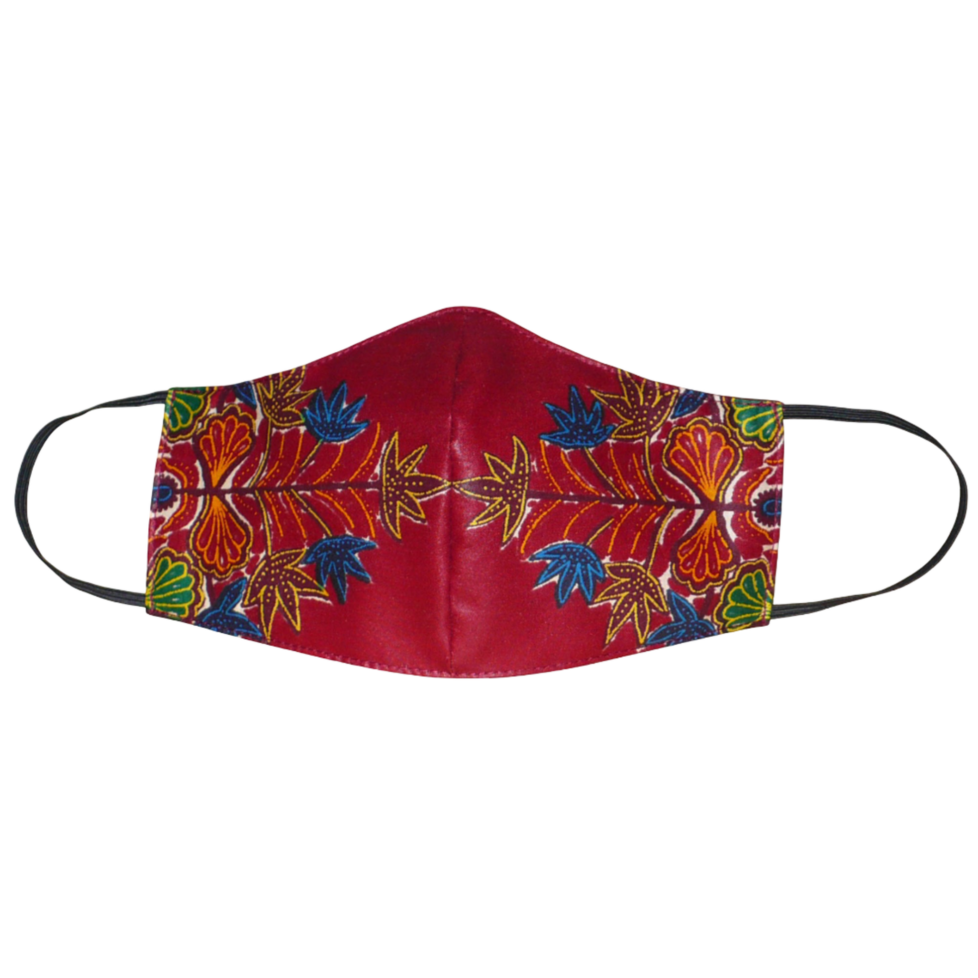 Masque facial textile coupé et cousu dans un tissu africain en coton bordeaux à motifs floraux multicolores ; il se porte avec des élastiques. Conçu dans une démarche éco-responsable, ce masque est lavable et réutilisable.
