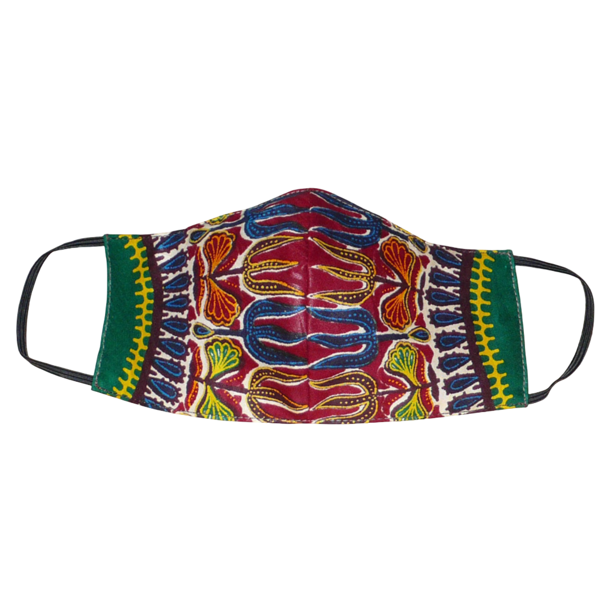 Masque textile ajusté en tissu africain imprimé de motifs ethniques floraux multicolores ; il se porte avec des élastiques. Fabriqué en vue d'une utilisation eco-friendly, ce masque est lavable et réutilisable. Il mesure 21 cm de long, et 40 cm en comptant les élastiques, il a une hauteur de 12 cm (du haut du nez jusqu'au menton) et une largeur sur les côtés de 7 cm.