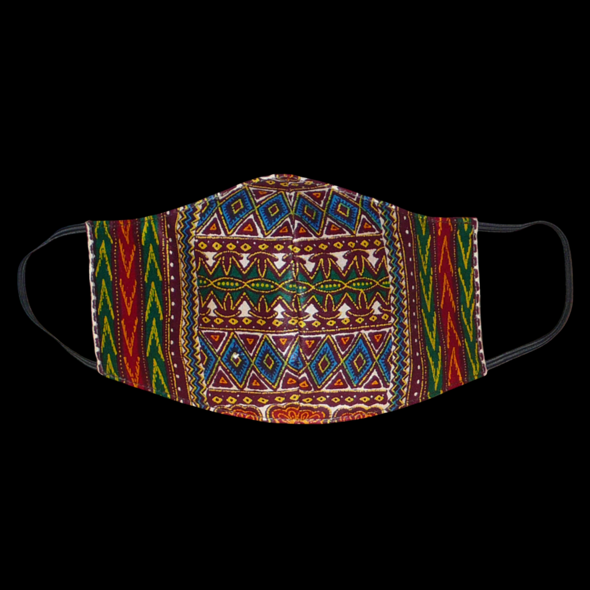 Masque textile pour homme, en tissu africain en coton imprimé de motifs tribaux multicolores, à porter avec des élastiques. Fabriqué dans une approche éco-responsable, il est lavable et réutilisable.