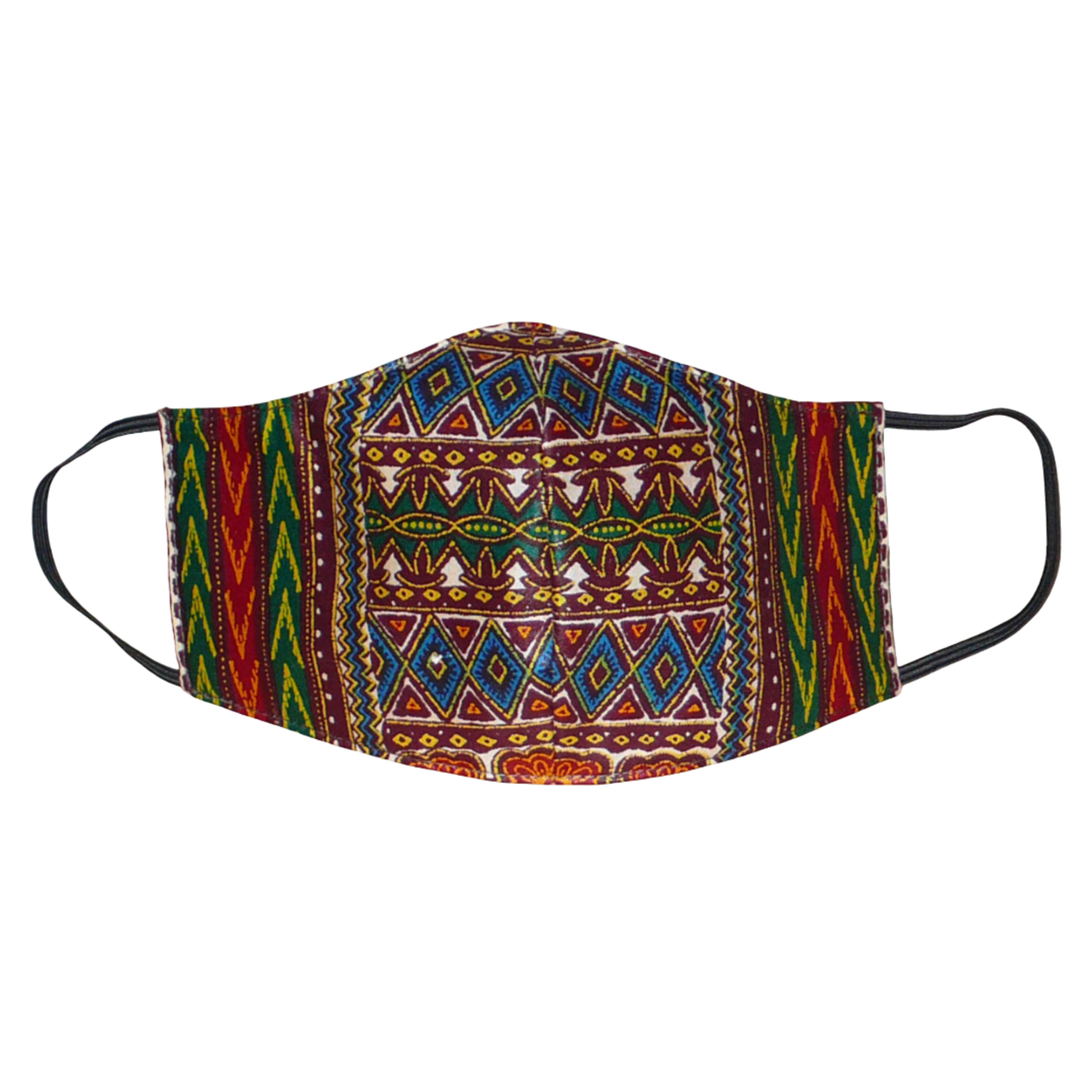 Masque textile pour homme, en tissu africain en coton imprimé de motifs tribaux multicolores, à porter avec des élastiques. Fabriqué dans une approche éco-responsable, il est lavable et réutilisable.