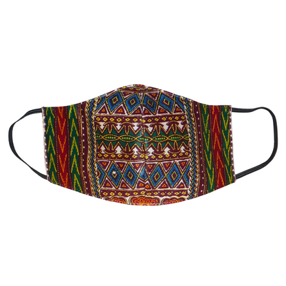 Masque textile pour homme, en tissu africain en coton imprimé de motifs tribaux multicolores, à porter avec des élastiques. Fabriqué dans une approche éco-responsable, il est lavable et réutilisable.