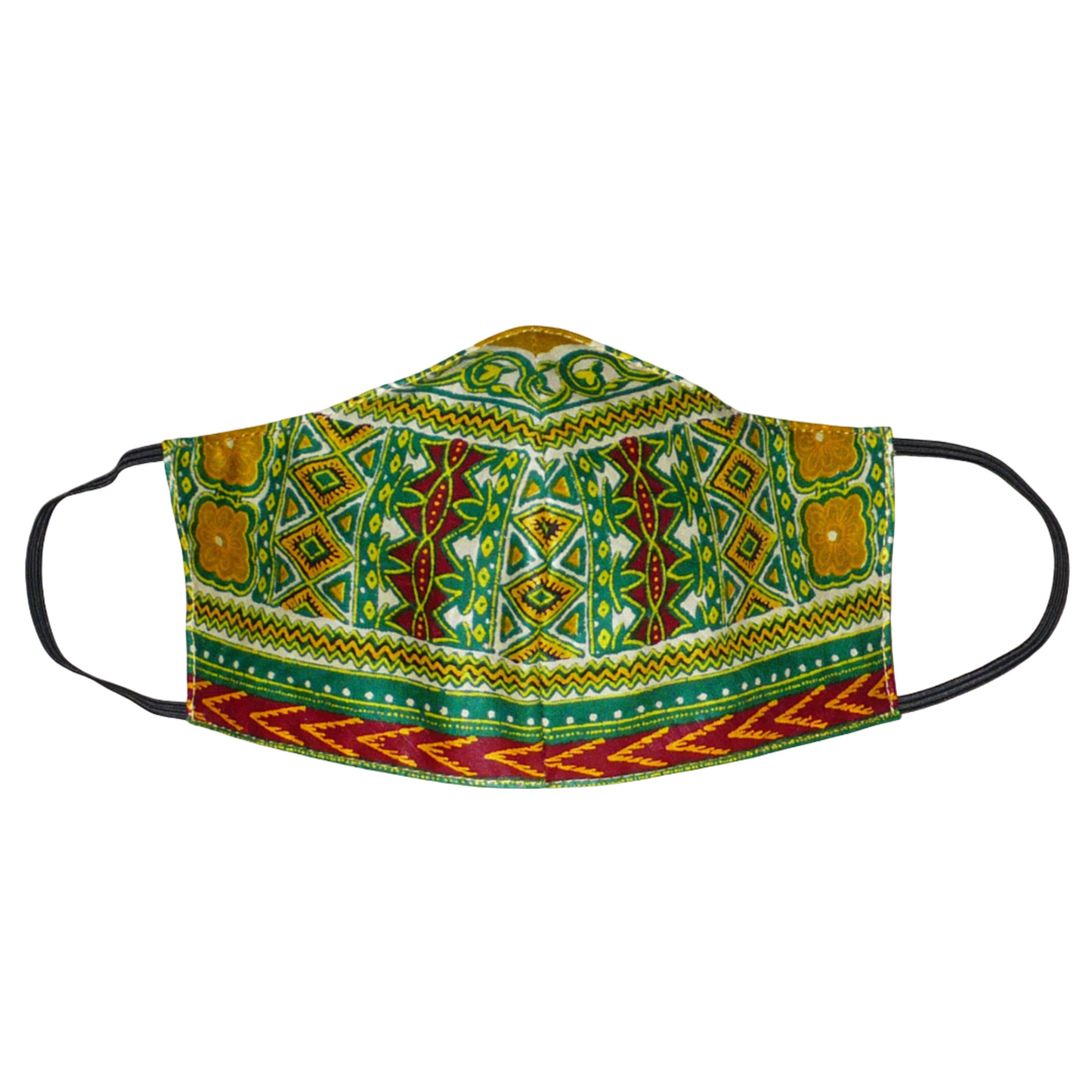 Masque facial textile à la coupe ajustée, coupé et cousu dans un tissu africain en coton imprimé de motifs ethniques ; il se porte avec des élastiques. En vue d'une utilisation éco-responsable, ce masque est lavable et réutilisable. Il mesure 21 cm de long, et 40 cm en comptant les élastiques, sa hauteur est de 12 cm (du haut du nez jusqu'au menton) et sa largeur sur les côtés de 7 cm.