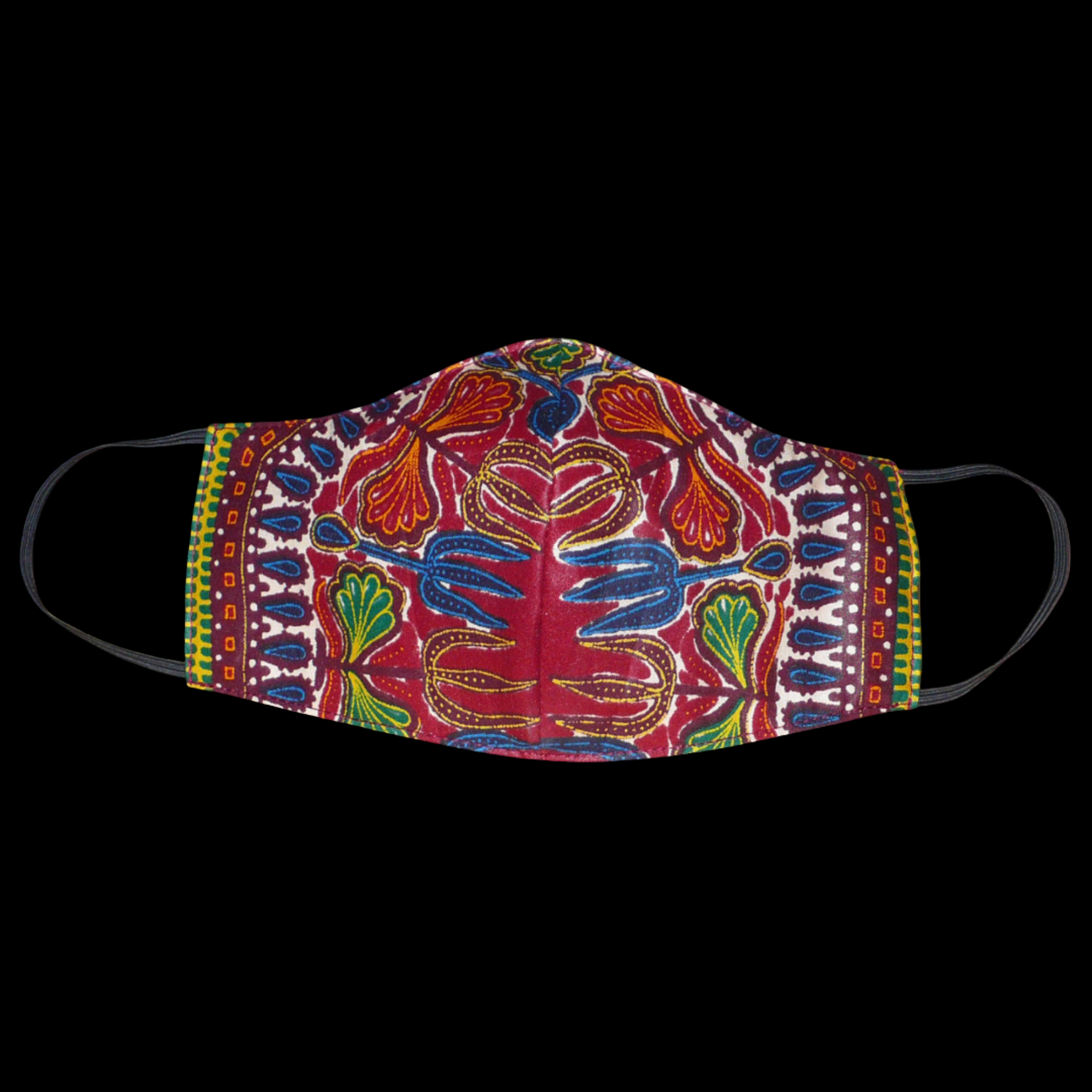 Masque textile facial en tissu africain de couleur bordeaux imprimé de motifs ethniques et floraux multicolores. Lavable et réutilisable, il se porte avec des élastiques.
