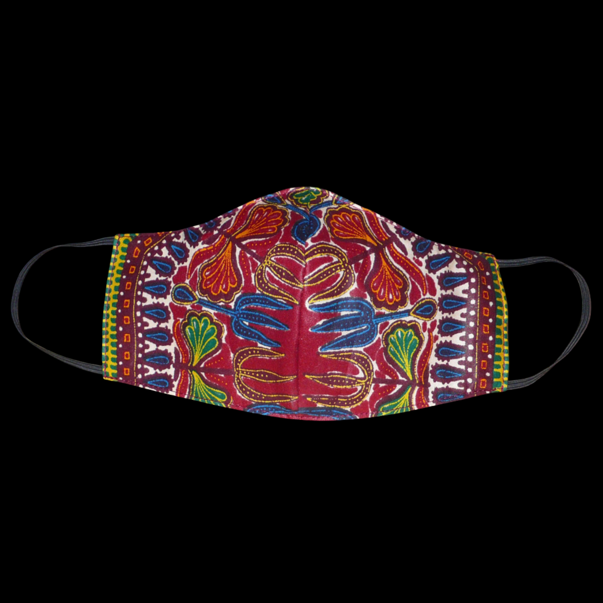 Masque textile facial en tissu africain de couleur bordeaux imprimé de motifs ethniques et floraux multicolores. Lavable et réutilisable, il se porte avec des élastiques.