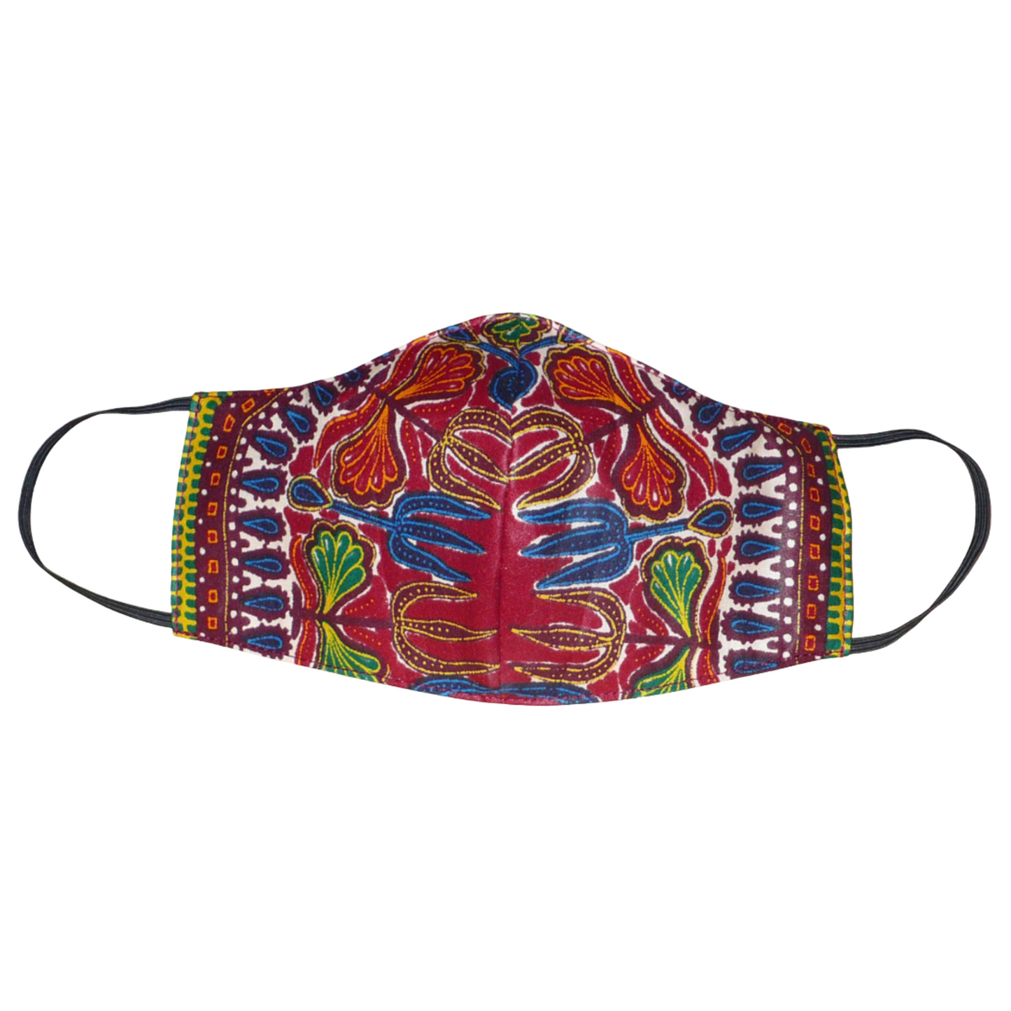 Masque textile facial en tissu africain de couleur bordeaux imprimé de motifs ethniques et floraux multicolores. Lavable et réutilisable, il se porte avec des élastiques.