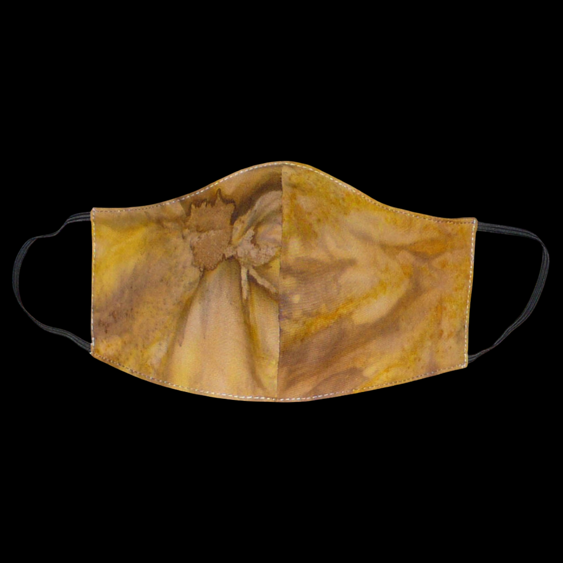 Masque facial textile à la coupe ajustée, cousu dans un tissu en coton imprimé Tie and Dye aux nuances de couleurs marron, beige et jaune ; il se porte avec des élastiques. En vue d'une utilisation eco-friendly, ce masque est lavable et réutilisable.