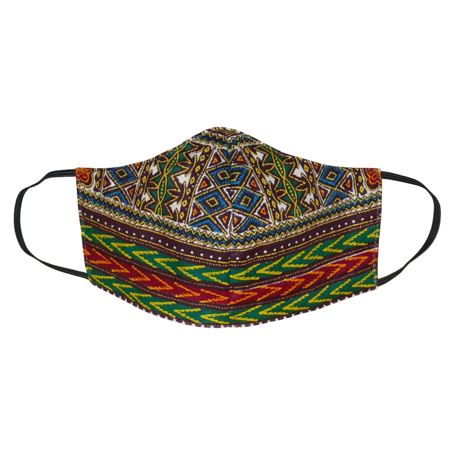 Masque facial textile pour homme, coupé et cousu dans un tissu africain imprimé de motifs tribaux, à porter avec des élastiques. Fabriqué en vue d'une utilisation eco-responsable, il est lavable et réutilisable. 