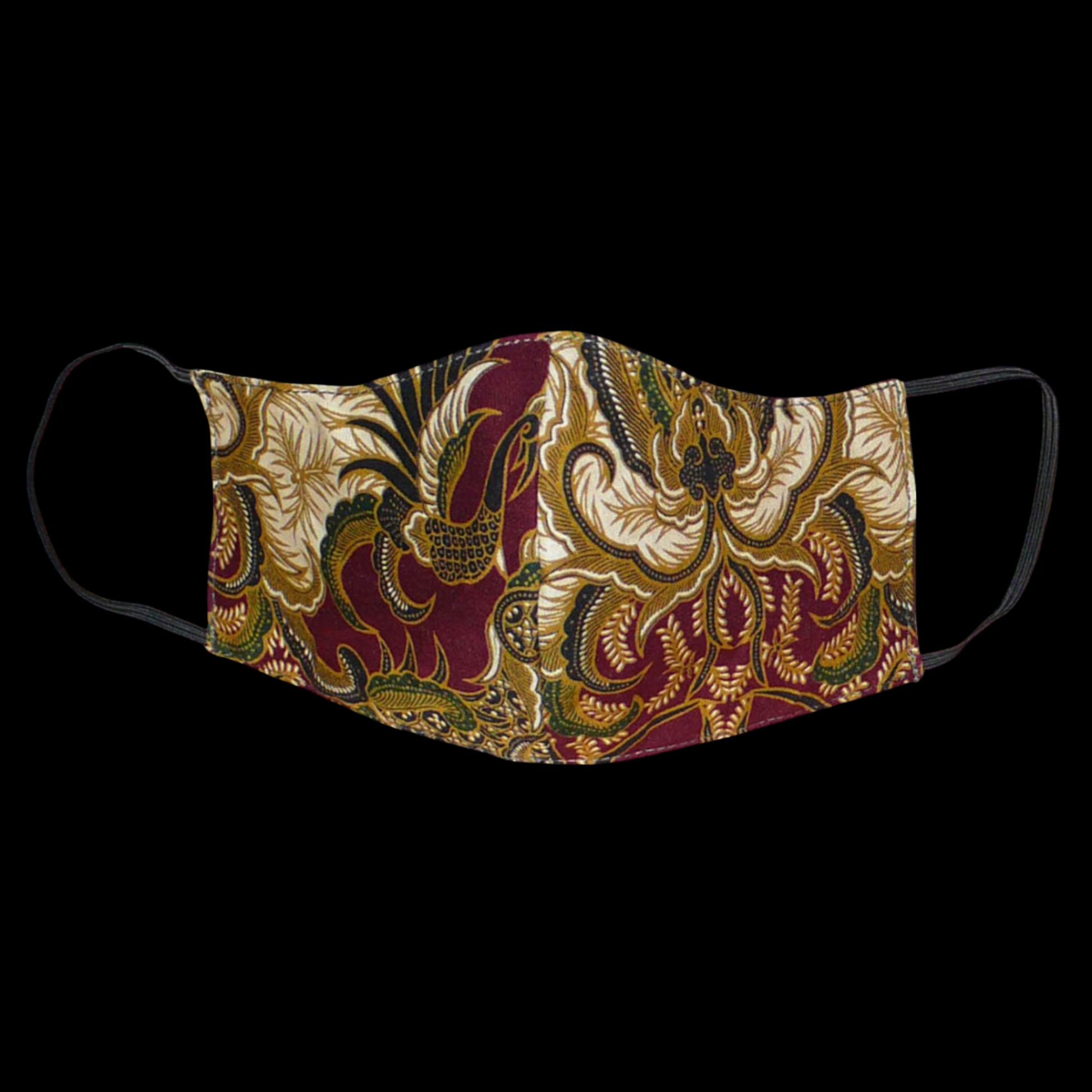 Masque facial textile cousu dans un beau tissu africain en coton imprimé de motifs exotiques, à porter avec des élastiques. En vue d'une utilisation éco-responsable, ce masque est lavable et réutilisable. Il mesure 21 cm de long, et 40 cm en comptant les élastiques, il a une hauteur de 12 cm (du haut du nez jusqu'au menton) et une largeur sur les côtés de 8 cm.