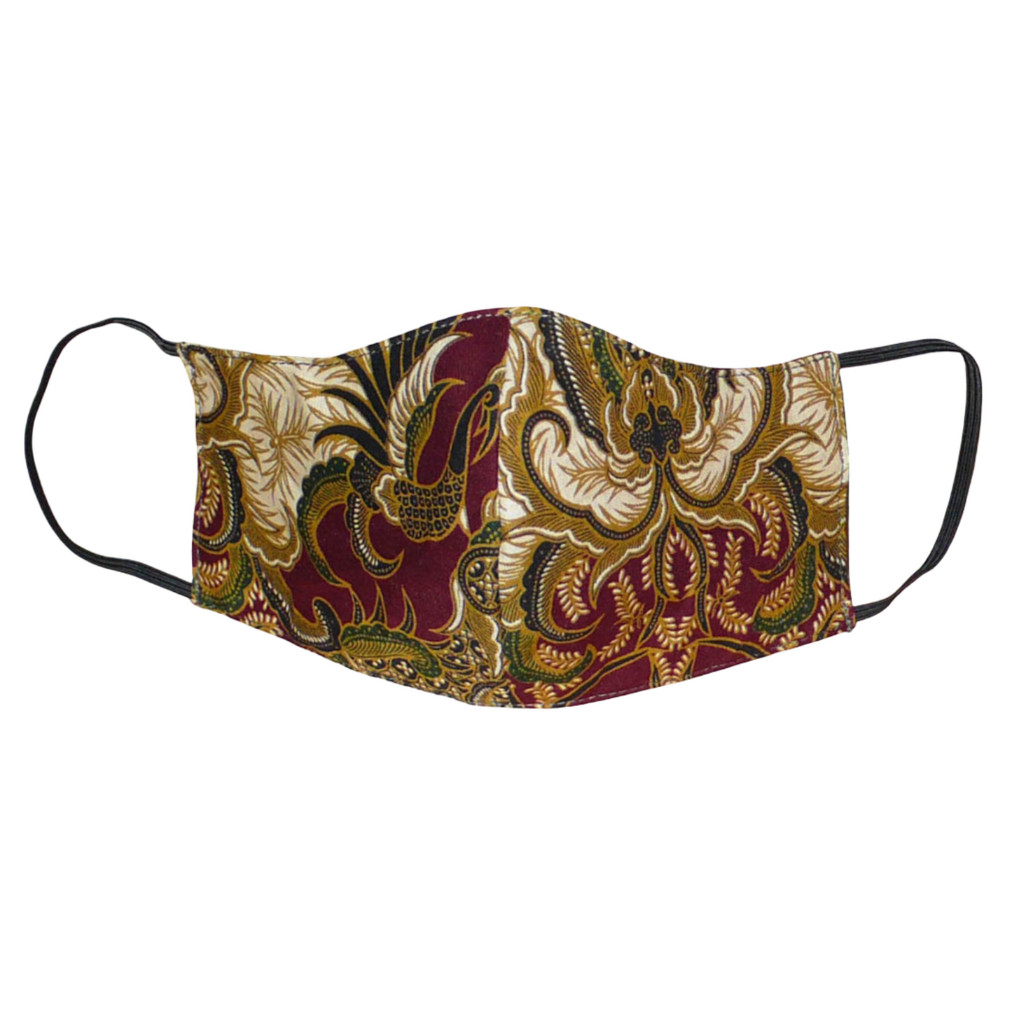 Masque facial textile cousu dans un beau tissu africain en coton imprimé de motifs exotiques, à porter avec des élastiques. En vue d'une utilisation éco-responsable, ce masque est lavable et réutilisable. Il mesure 21 cm de long, et 40 cm en comptant les élastiques, il a une hauteur de 12 cm (du haut du nez jusqu'au menton) et une largeur sur les côtés de 8 cm.