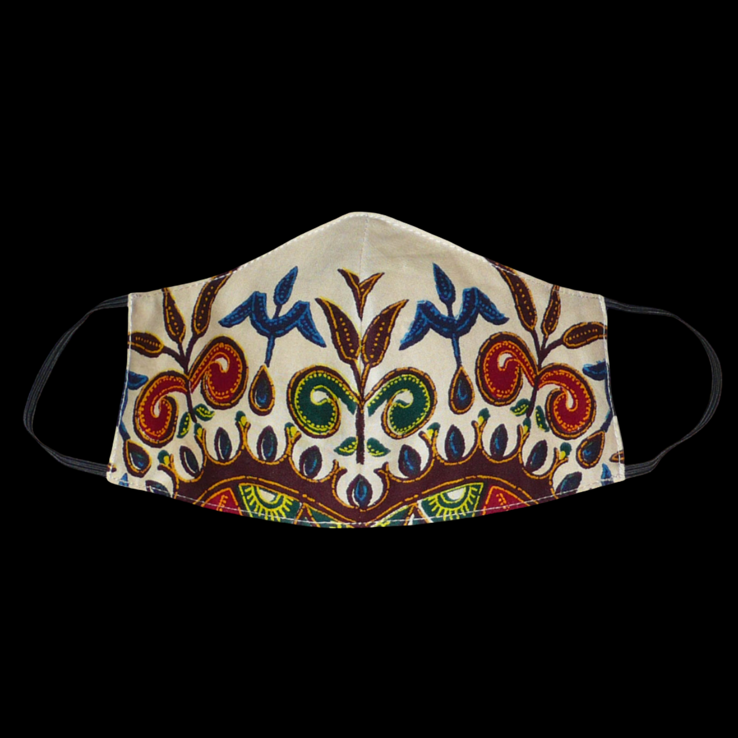 Masque facial en tissu africain en coton écru imprimé de superbes motifs ethniques floraux ; il se porte avec des élastiques.