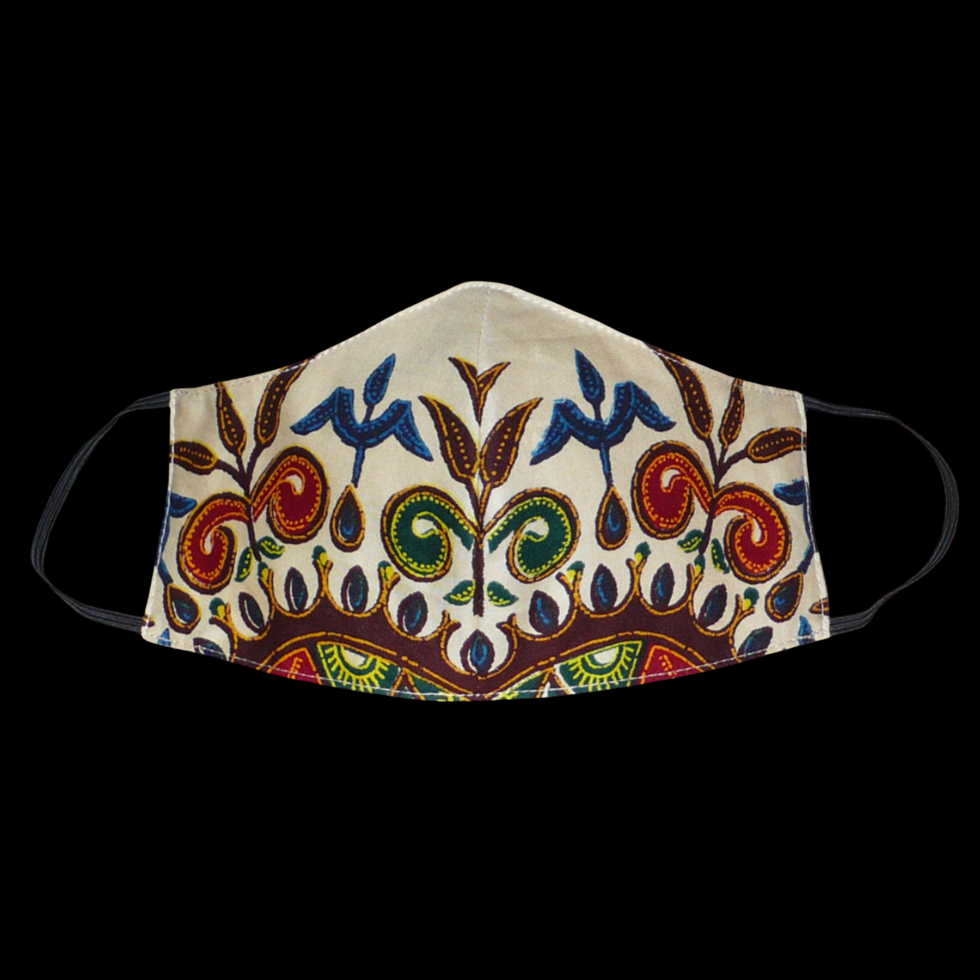 Masque facial en tissu africain en coton écru imprimé de superbes motifs ethniques floraux ; il se porte avec des élastiques.