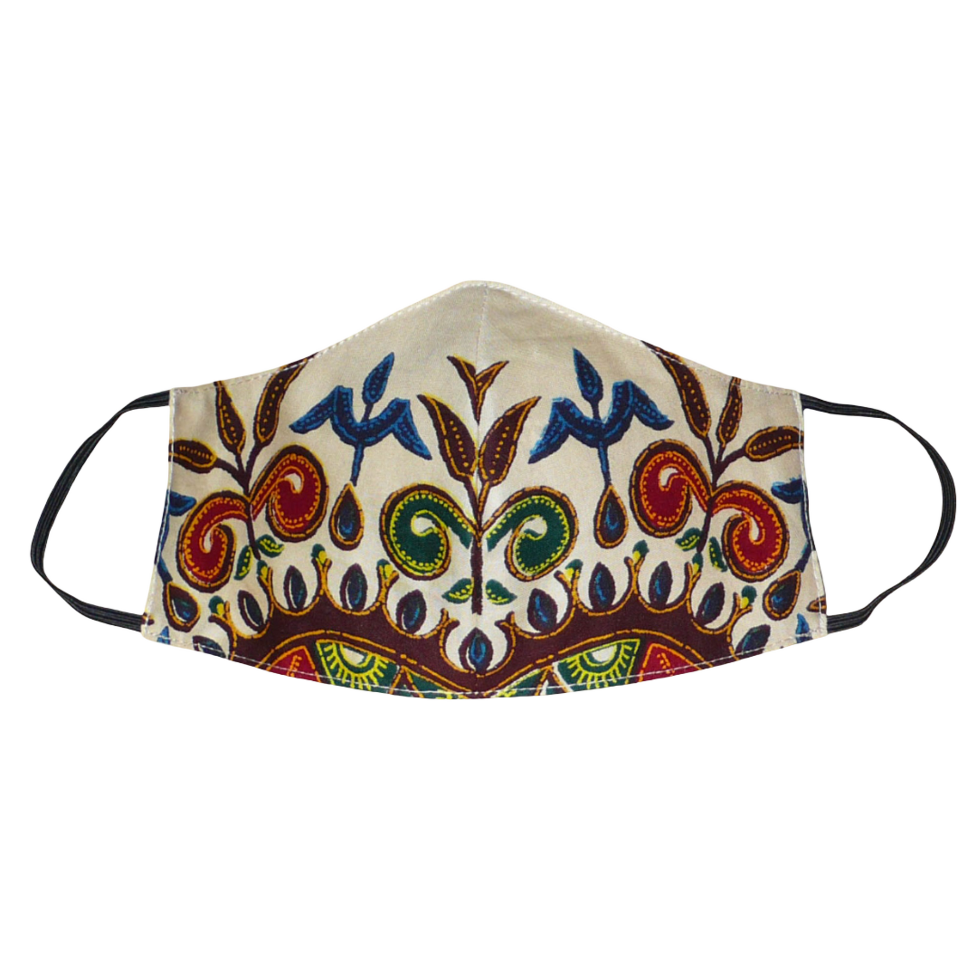 Masque facial en tissu africain en coton écru imprimé de superbes motifs ethniques floraux ; il se porte avec des élastiques.