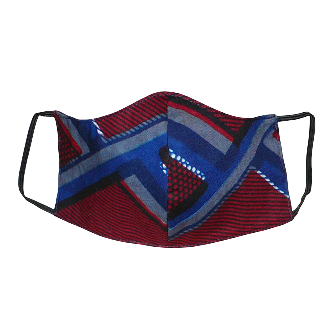Masque facial pour homme en tissu africain en coton imprimé de motifs ethniques bordeaux, bleus, gris et noirs ; il se porte avec des élastiques. En vue d'une utilisation eco-responsable, ce masque est lavable et réutilisable.