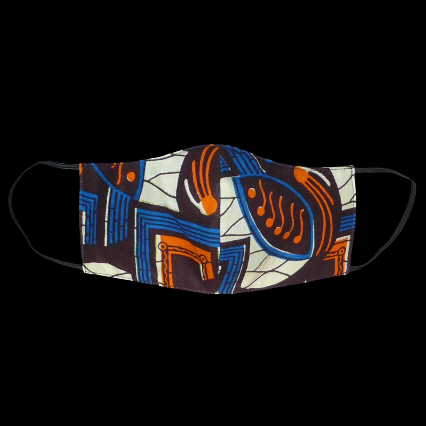 Masque facial pour homme en tissu africain en coton imprimé de motifs ethniques ; il se porte avec des élastiques. En vue d'une utilisation eco-responsable, ce masque est lavable et réutilisable.