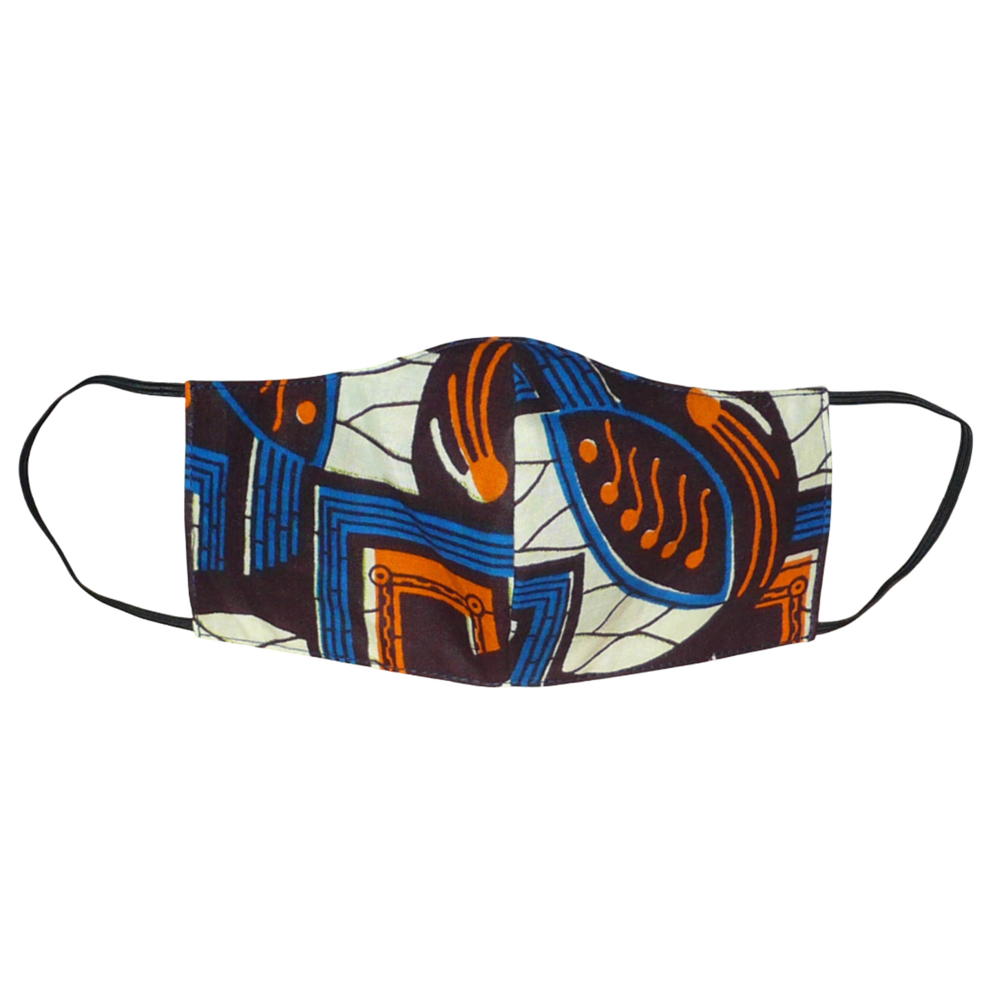 Masque facial pour homme en tissu africain en coton imprimé de motifs ethniques ; il se porte avec des élastiques. En vue d'une utilisation eco-responsable, ce masque est lavable et réutilisable.