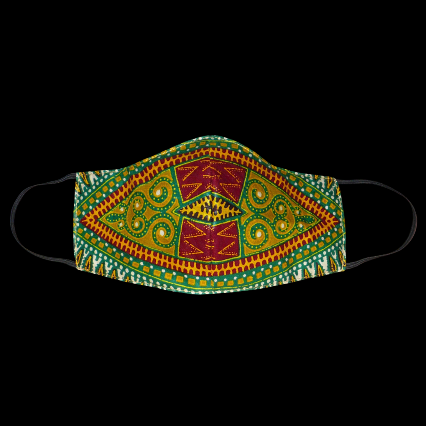 Masque facial textile à la coupe ajustée, cousu dans un superbe tissu africain en coton à motifs tribaux, à porter avec des élastiques. En vue d'une utilisation eco-friendly, ce masque est lavable et réutilisable. Il mesure 21 cm de long, et 40 cm en comptant les élastiques, sa hauteur est de 12 cm (du haut du nez jusqu'au menton) et sa largeur sur les côtés de 7 cm.